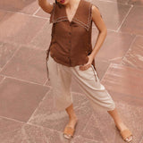 Scalloped Edge Collars Brown Linen Top with Drawstrings - Western Era Tops for women