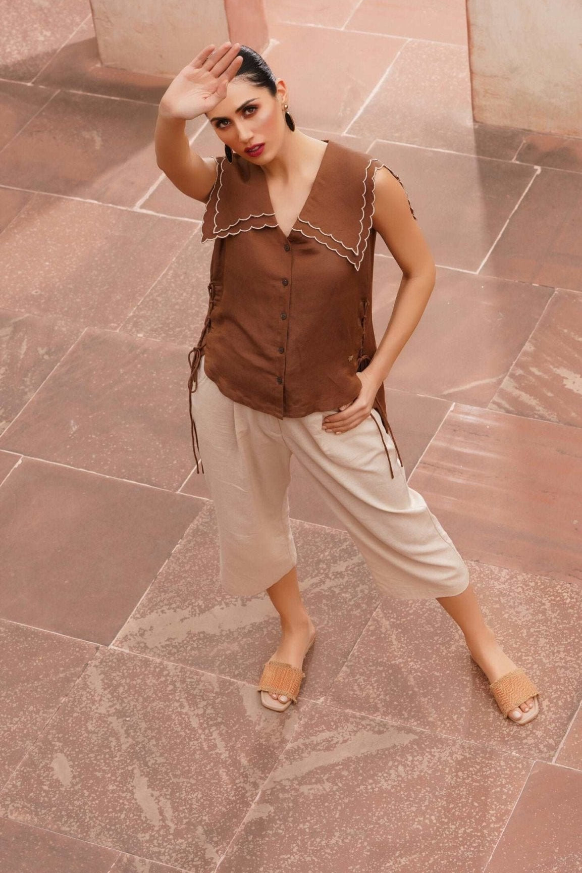 Scalloped Edge Collars Brown Linen Top with Drawstrings - Western Era Tops for women
