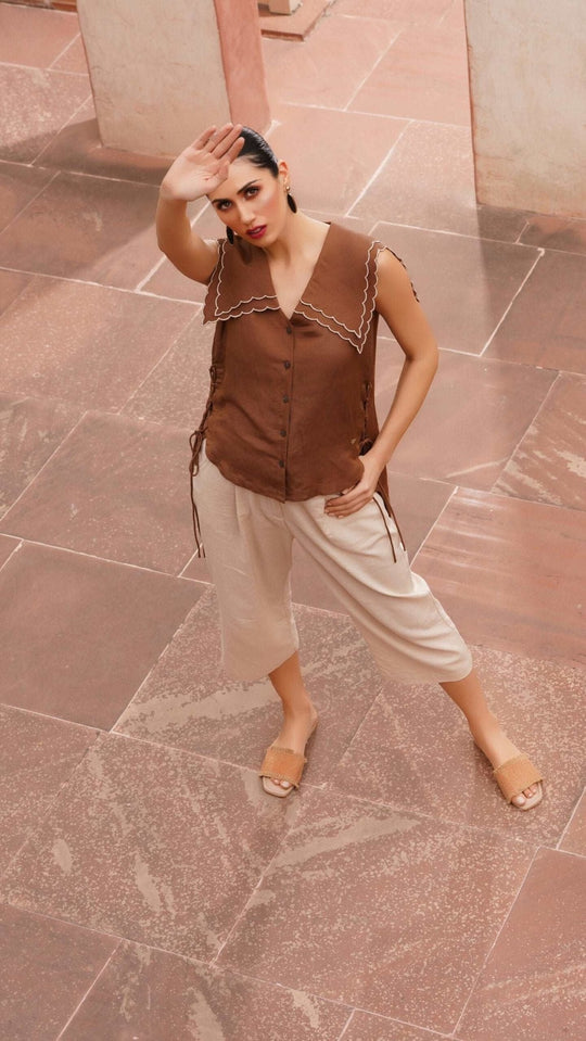 Scalloped Edge Collars Brown Linen Top with Drawstrings - Western Era Tops for women