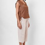 Scalloped Edge Collars Brown Linen Top with Drawstrings - Western Era Tops for women