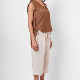 Scalloped Edge Collars Brown Linen Top with Drawstrings - Western Era Tops for women