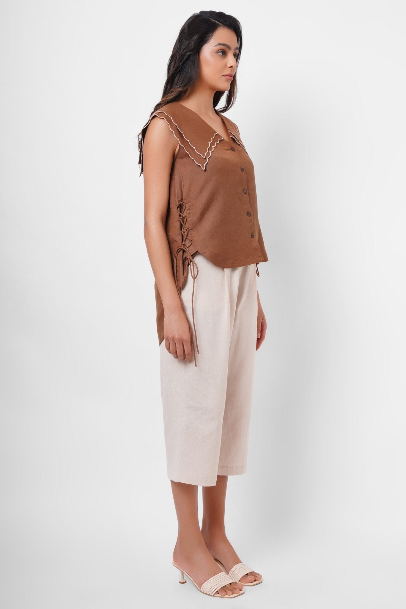 Scalloped Edge Collars Brown Linen Top with Drawstrings - Western Era Tops for women
