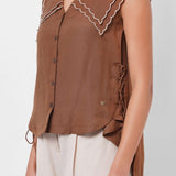 Scalloped Edge Collars Brown Linen Top with Drawstrings - Western Era Tops for women