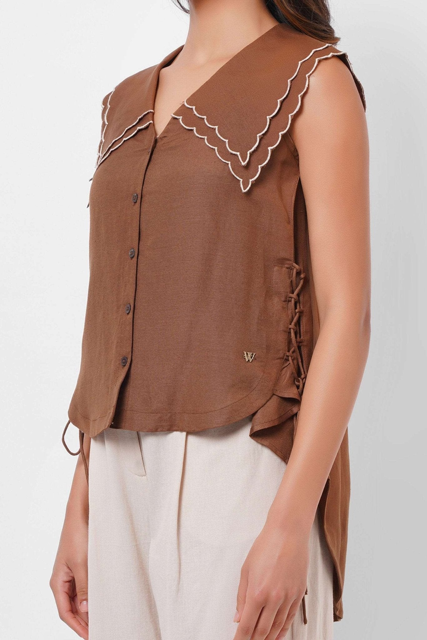 Scalloped Edge Collars Brown Linen Top with Drawstrings - Western Era Tops for women