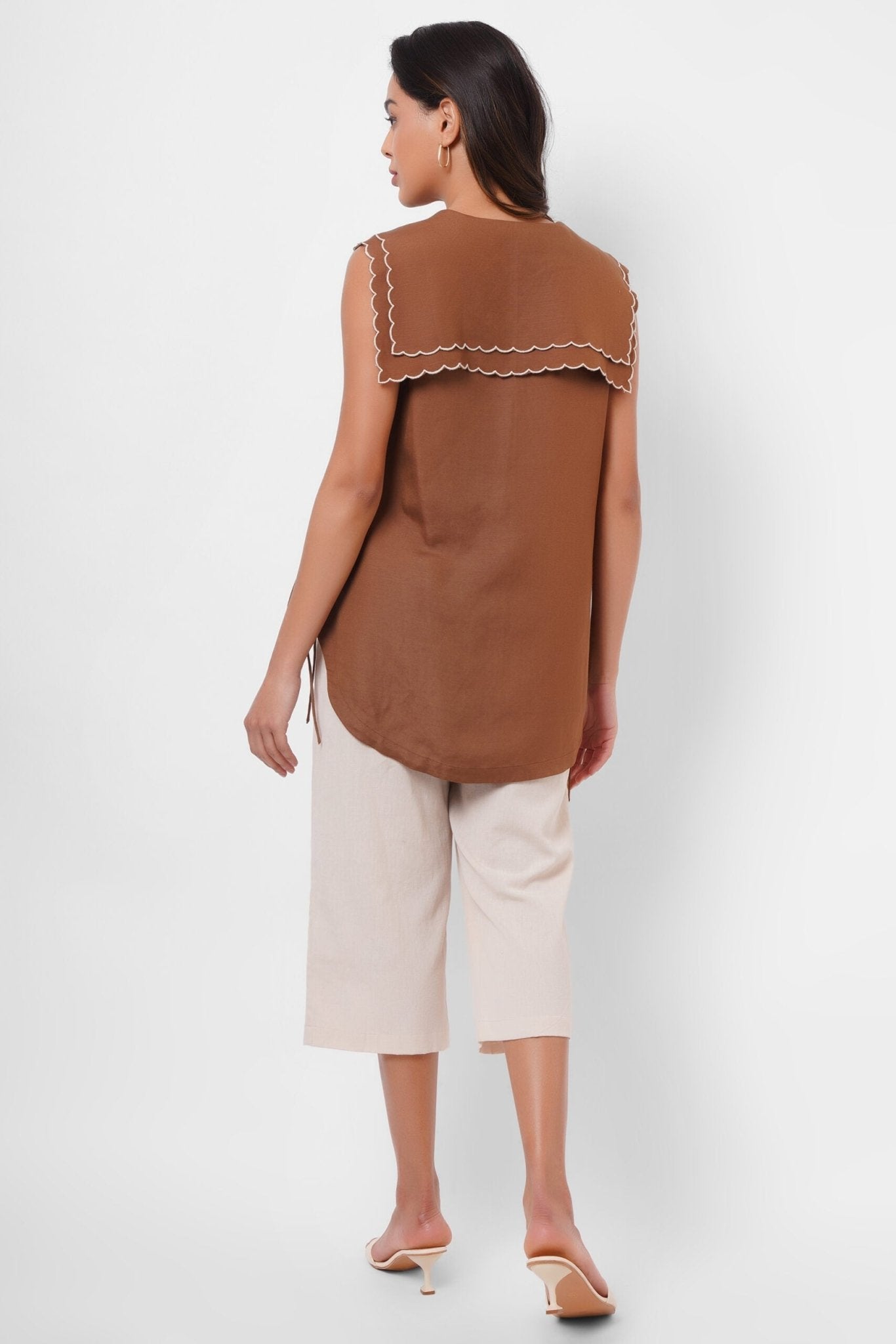 Scalloped Edge Collars Brown Linen Top with Drawstrings - Western Era Tops for women