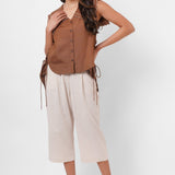 Scalloped Edge Collars Brown Linen Top with Drawstrings - Western Era Tops for women