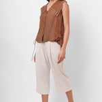 Scalloped Edge Collars Brown Linen Top with Drawstrings - Western Era Tops for women