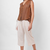 Scalloped Edge Collars Brown Linen Top with Drawstrings - Western Era Tops for women