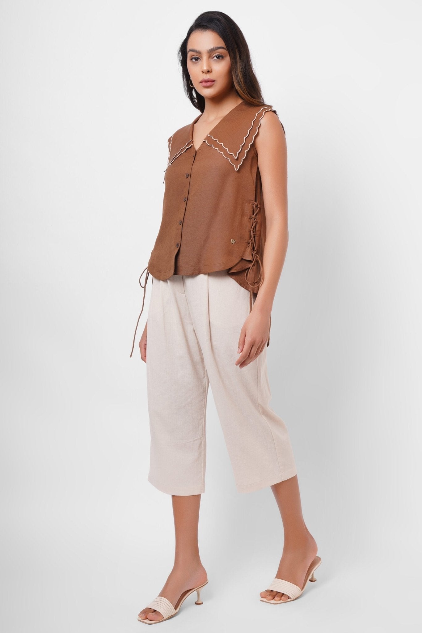 Scalloped Edge Collars Brown Linen Top with Drawstrings - Western Era Tops for women