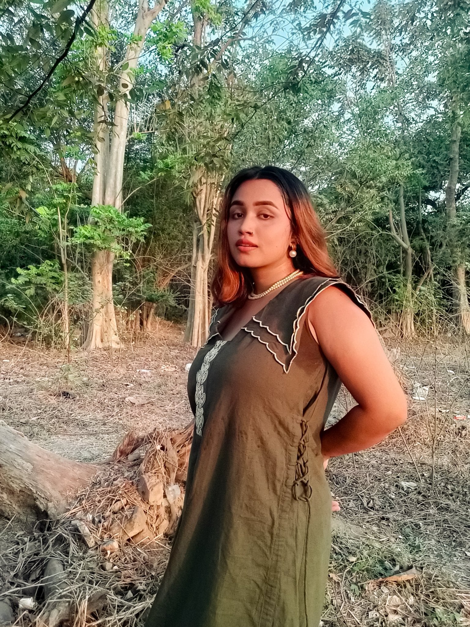 Scalloped Edge Collars Green Linen Dress with Drawstrings - Western Era Tops for women