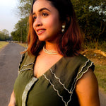 Scalloped Edge Collars Green Linen Dress with Drawstrings - Western Era Tops for women