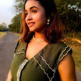 Scalloped Edge Collars Green Linen Dress with Drawstrings - Western Era Tops for women