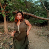 Scalloped Edge Collars Green Linen Dress with Drawstrings - Western Era Tops for women