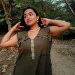 Scalloped Edge Collars Green Linen Dress with Drawstrings - Western Era Tops for women