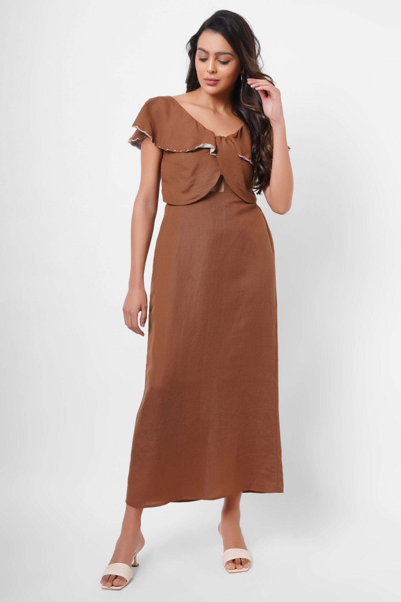 Scalloped Embroidery Brown Long Dress With Victorian Collar| Western Era Scalloped Embroidery Brown Long Dress With Victorian Collar| Western Era