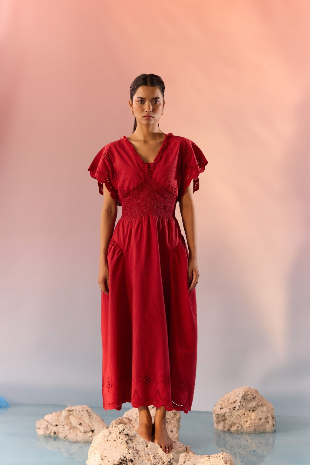 Western Era | Schiffli Maxi Dress | Smocked Waist & Embroidery