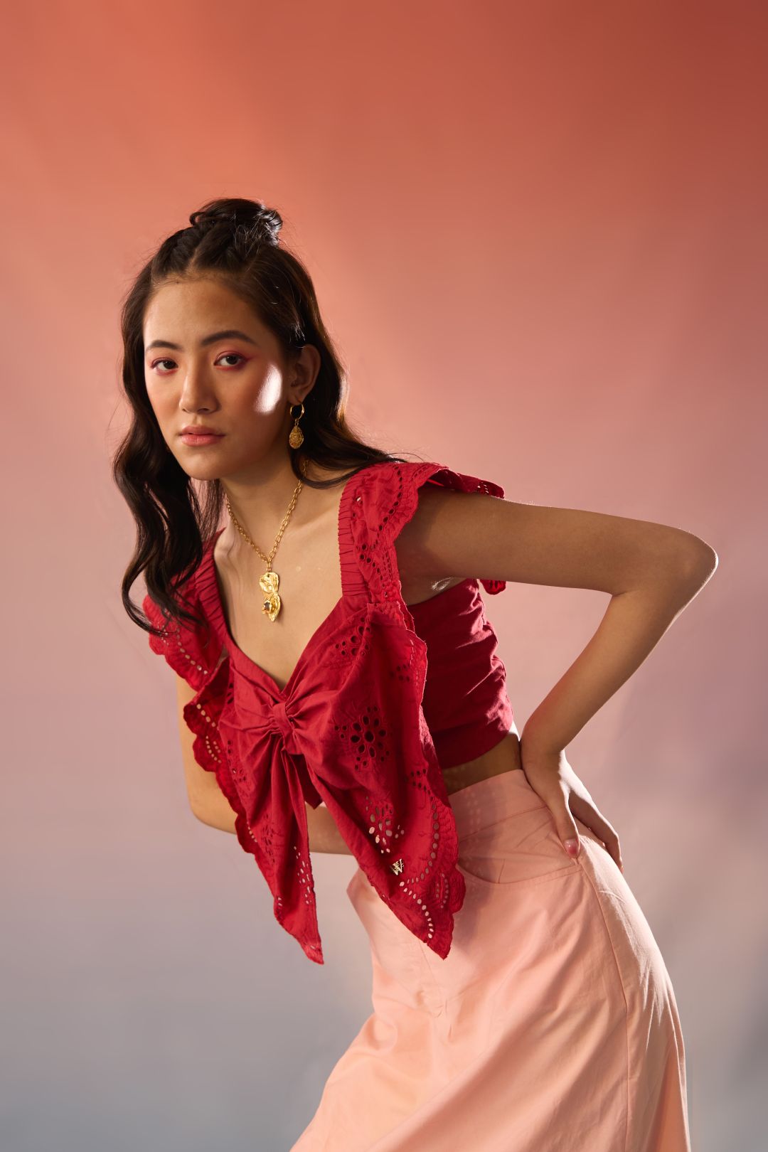 Western Era | Schiffli Top & Skirt Co-Ord Set | Bow Detail & Scalloped Hem