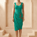 Sculpted Corset & Floral Embroidery Draped Midi Dress - Western Era Dresses for women