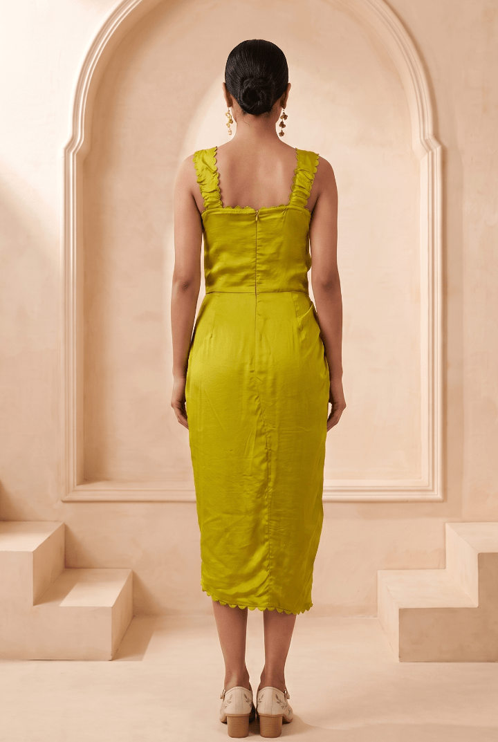 Sculpted Corset & Floral Embroidery Draped Midi Dress - Western Era Dresses for women