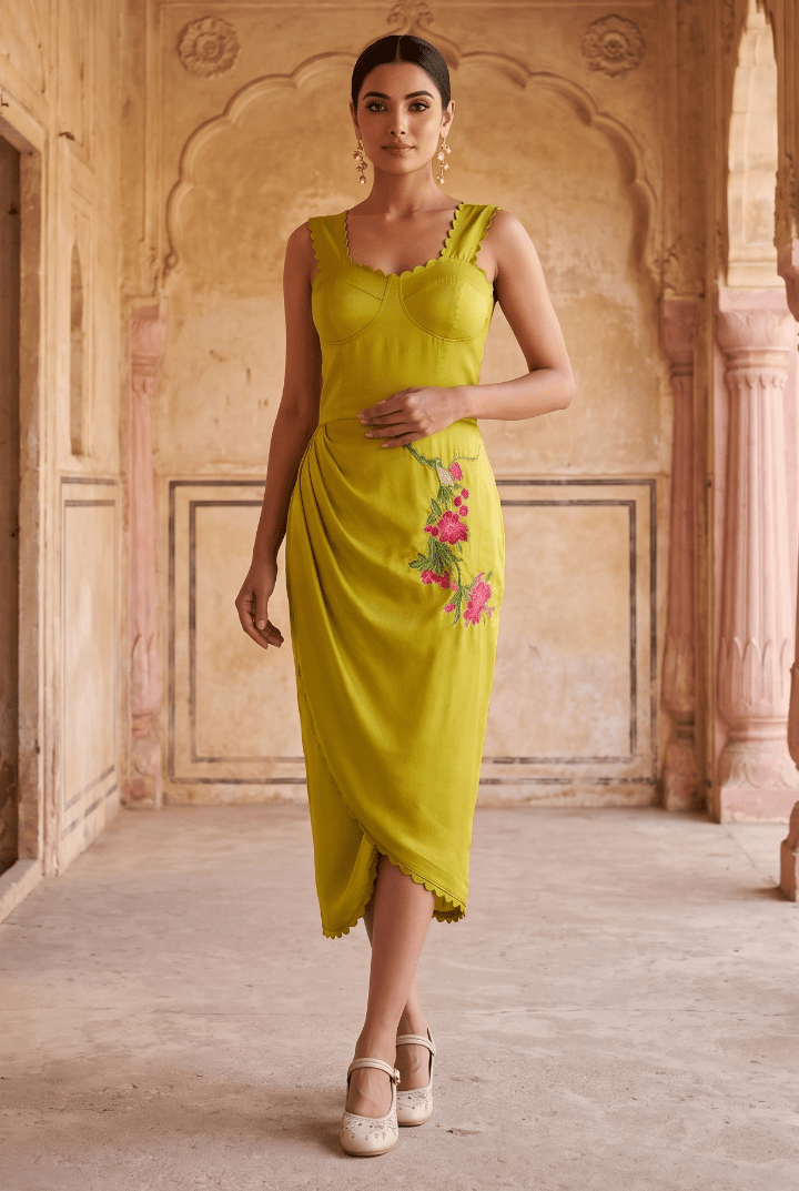 Sculpted Corset & Floral Embroidery Draped Midi Dress - Western Era Dresses for women