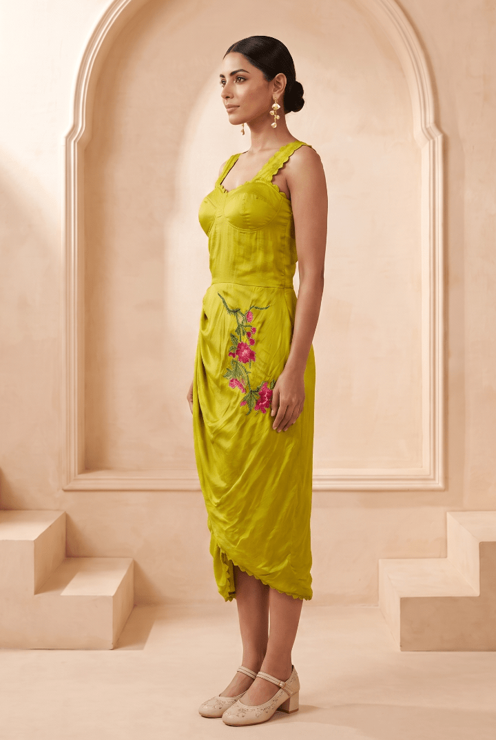 Sculpted Corset & Floral Embroidery Draped Midi Dress - Western Era Dresses for women