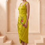 Sculpted Corset & Floral Embroidery Draped Midi Dress - Western Era Dresses for women