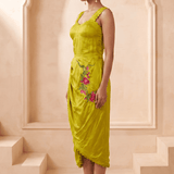 Sculpted Corset & Floral Embroidery Draped Midi Dress - Western Era Dresses for women
