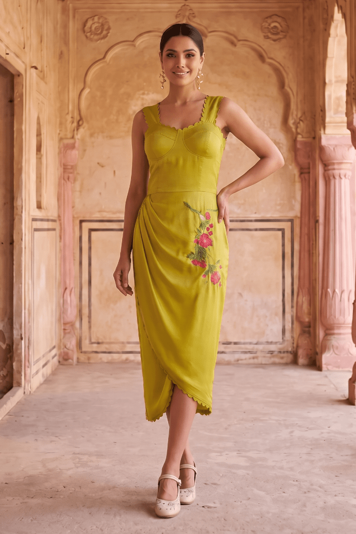 Sculpted Corset & Floral Embroidery Draped Midi Dress - Western Era Dresses for women