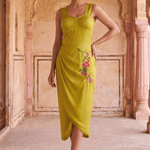 Sculpted Corset & Floral Embroidery Draped Midi Dress - Western Era Dresses for women