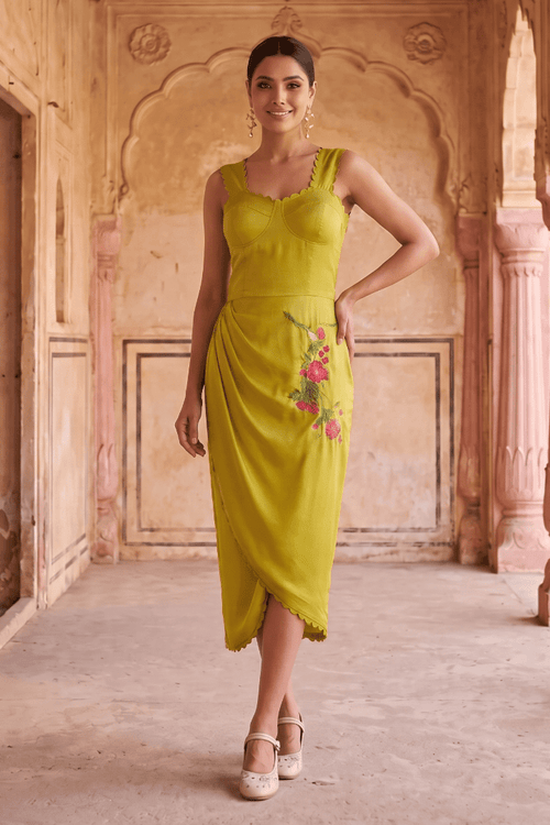 Sculpted Corset & Floral Embroidery Draped Midi Dress