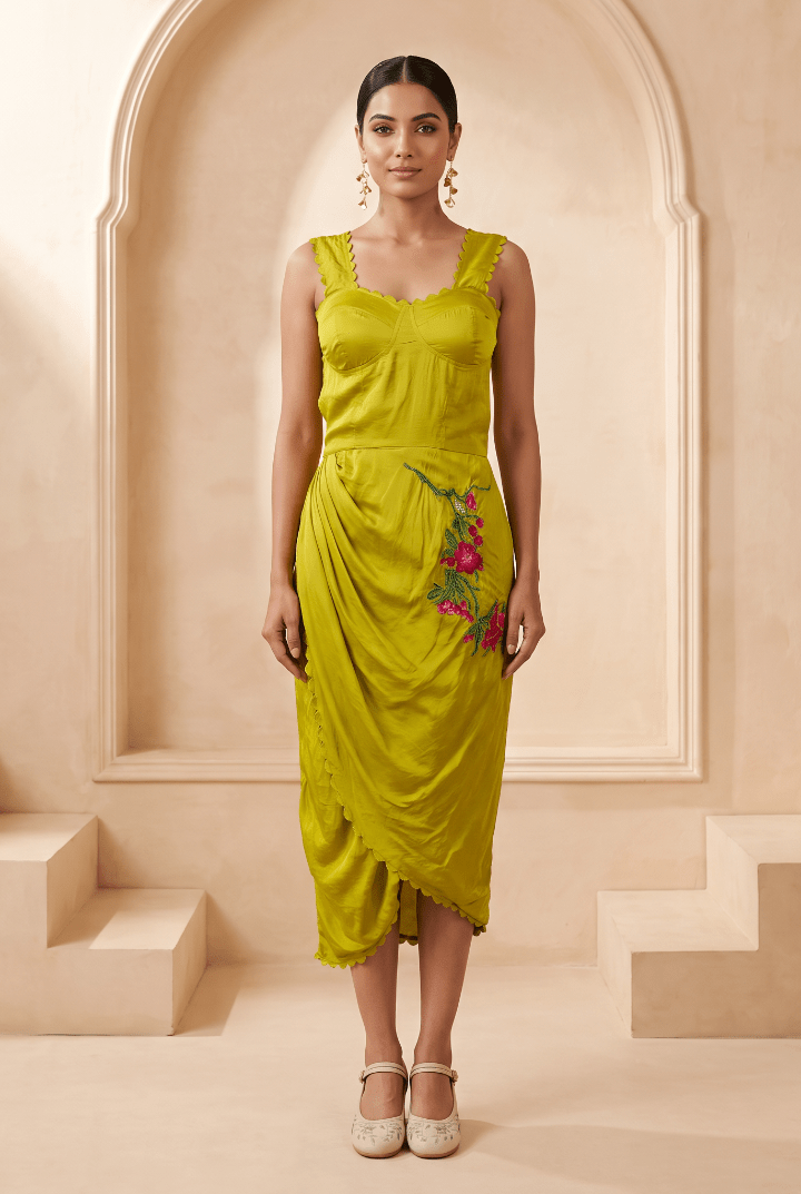 Sculpted Corset & Floral Embroidery Draped Midi Dress - Western Era Dresses for women