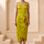 Sculpted Corset & Floral Embroidery Draped Midi Dress - Western Era Dresses for women