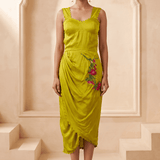 Sculpted Corset & Floral Embroidery Draped Midi Dress - Western Era Dresses for women