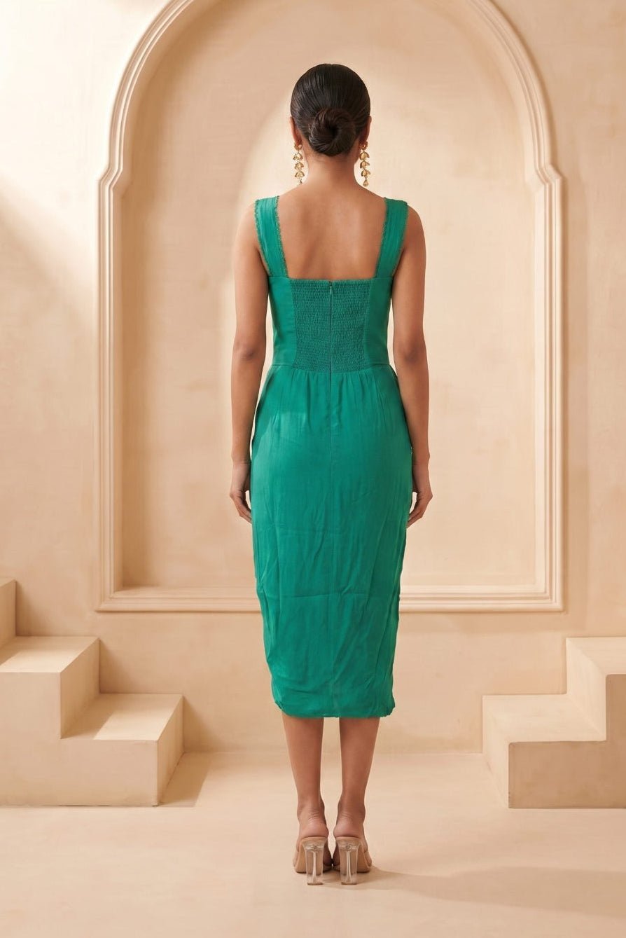 Sculpted Corset & Floral Embroidery Draped Midi Dress - Western Era Dresses for women