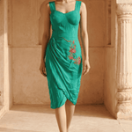 Sculpted Corset & Floral Embroidery Draped Midi Dress - Western Era Dresses for women