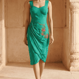Sculpted Corset & Floral Embroidery Draped Midi Dress - Western Era Dresses for women