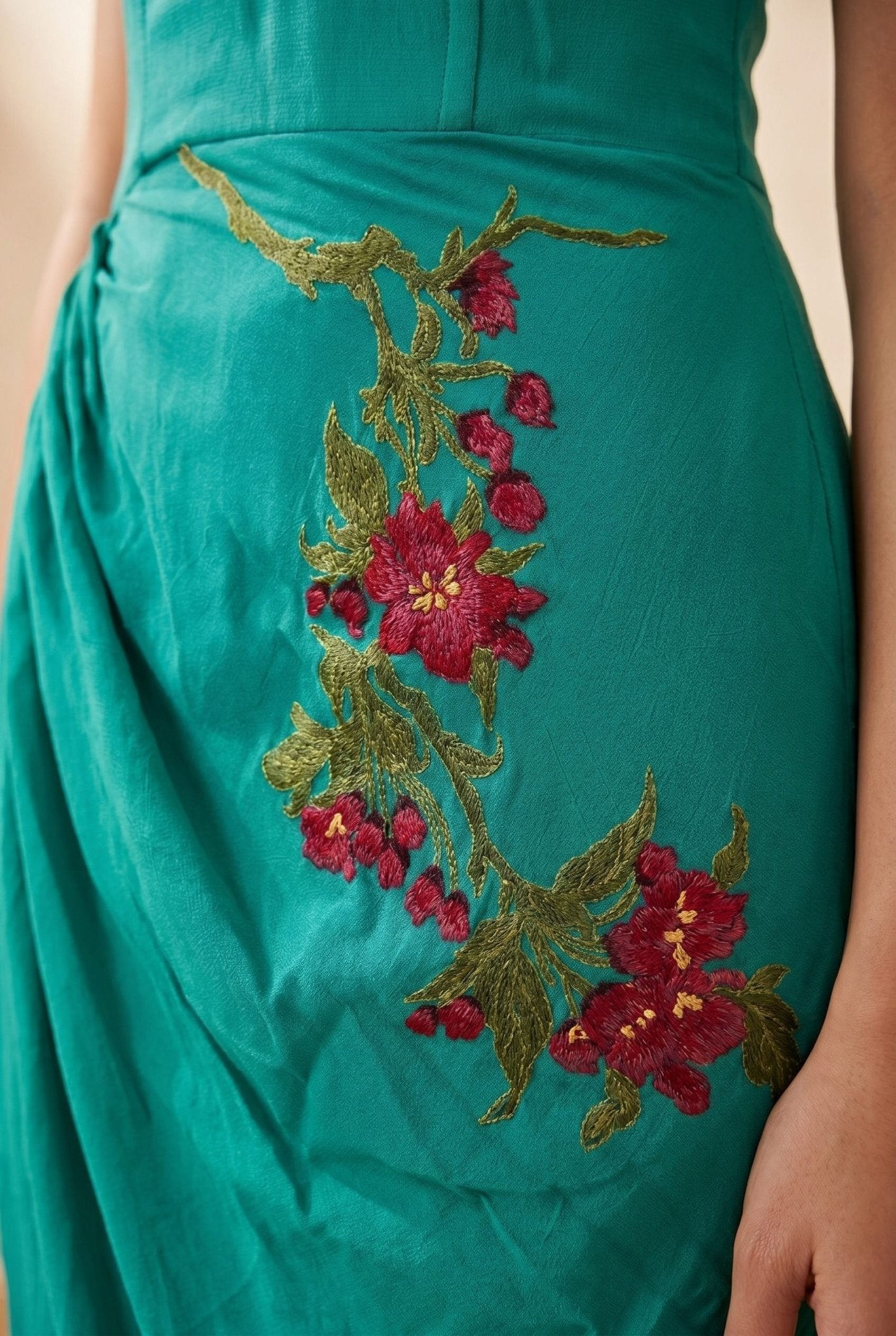 Sculpted Corset & Floral Embroidery Draped Midi Dress - Western Era Dresses for women
