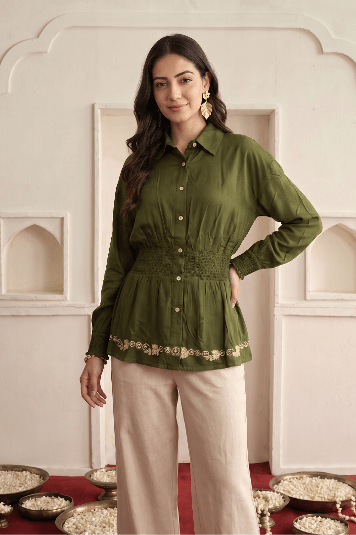 Sculpted Smocked Waist Shirt Top with Bottom Embroidery Details - Western Era Tops for women