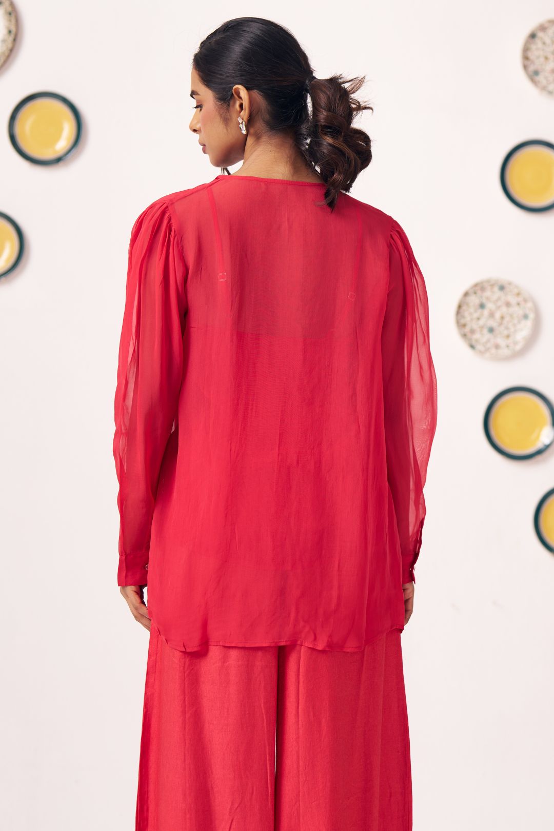 Senira Crimson Organza Jacket Co - ord Set with Inner Top - Western Era Co - ord set for women