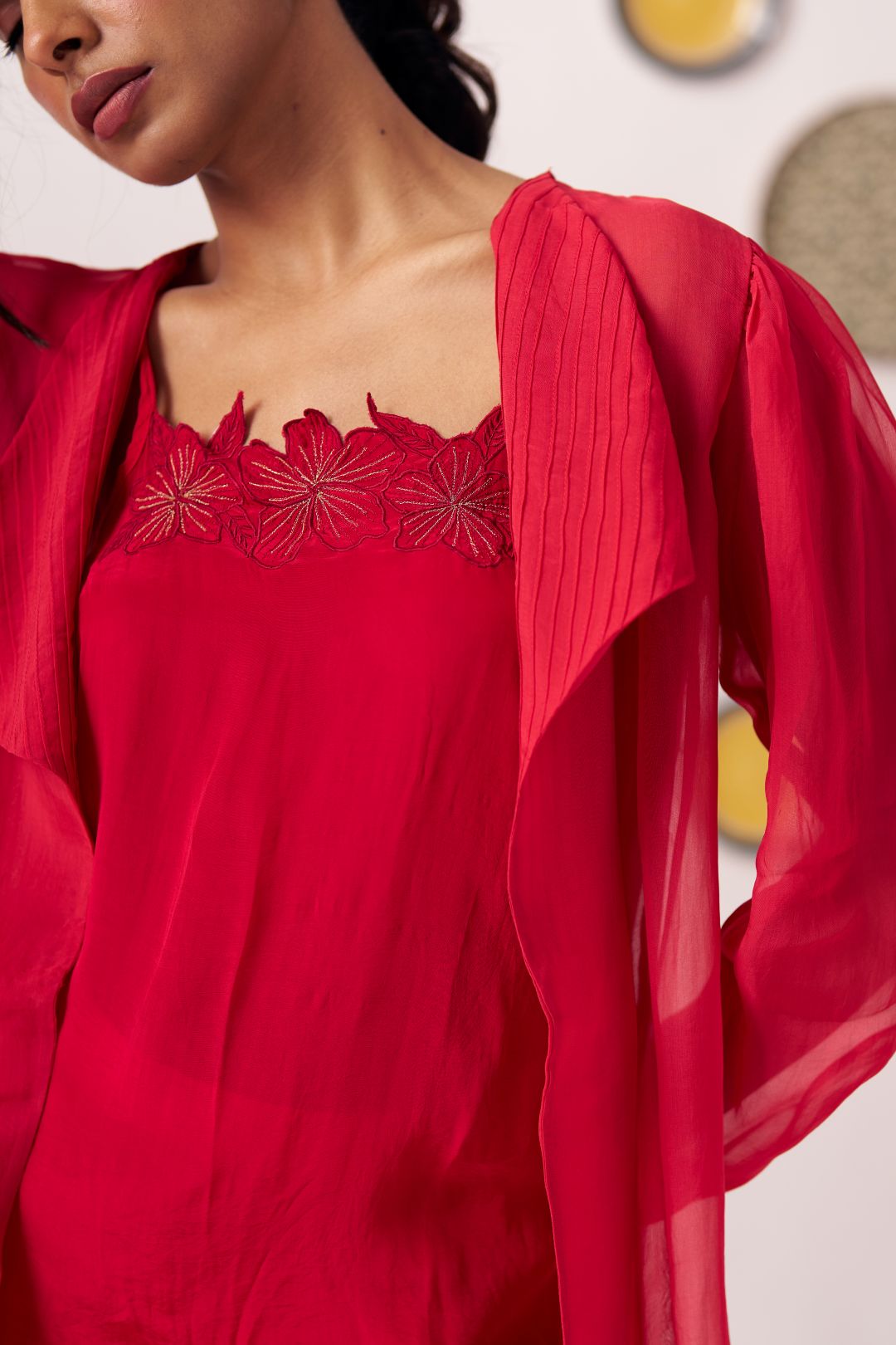 Senira Crimson Organza Jacket Co - ord Set with Inner Top - Western Era Co - ord set for women