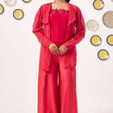 Senira Crimson Organza Jacket Co - ord Set with Inner Top - Western Era Co - ord set for women