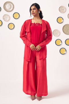 Senira Crimson Organza Jacket Co - ord Set with Inner Top - Western Era Co - ord set for women
