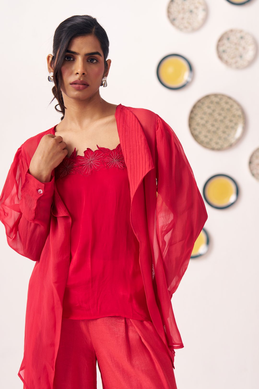 Senira Crimson Organza Jacket Co - ord Set with Inner Top - Western Era Co - ord set for women