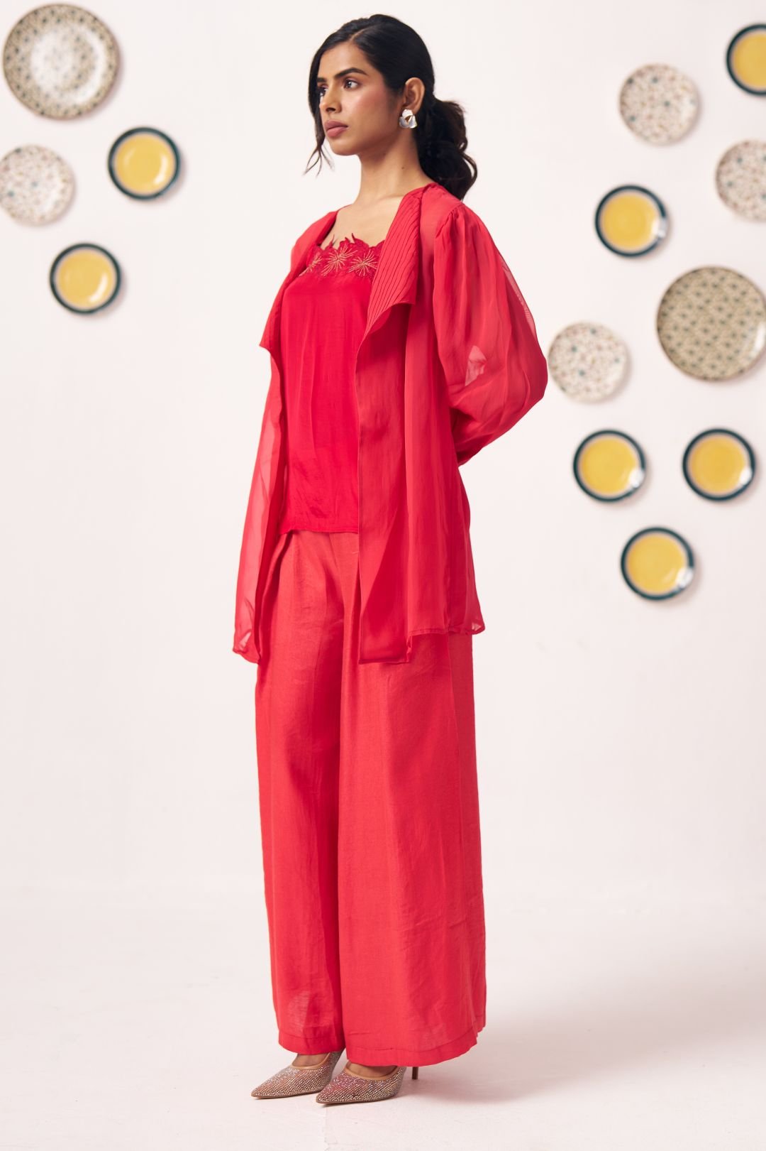 Senira Crimson Organza Layered Jacket with Embroidered Top - Western Era Tops for women