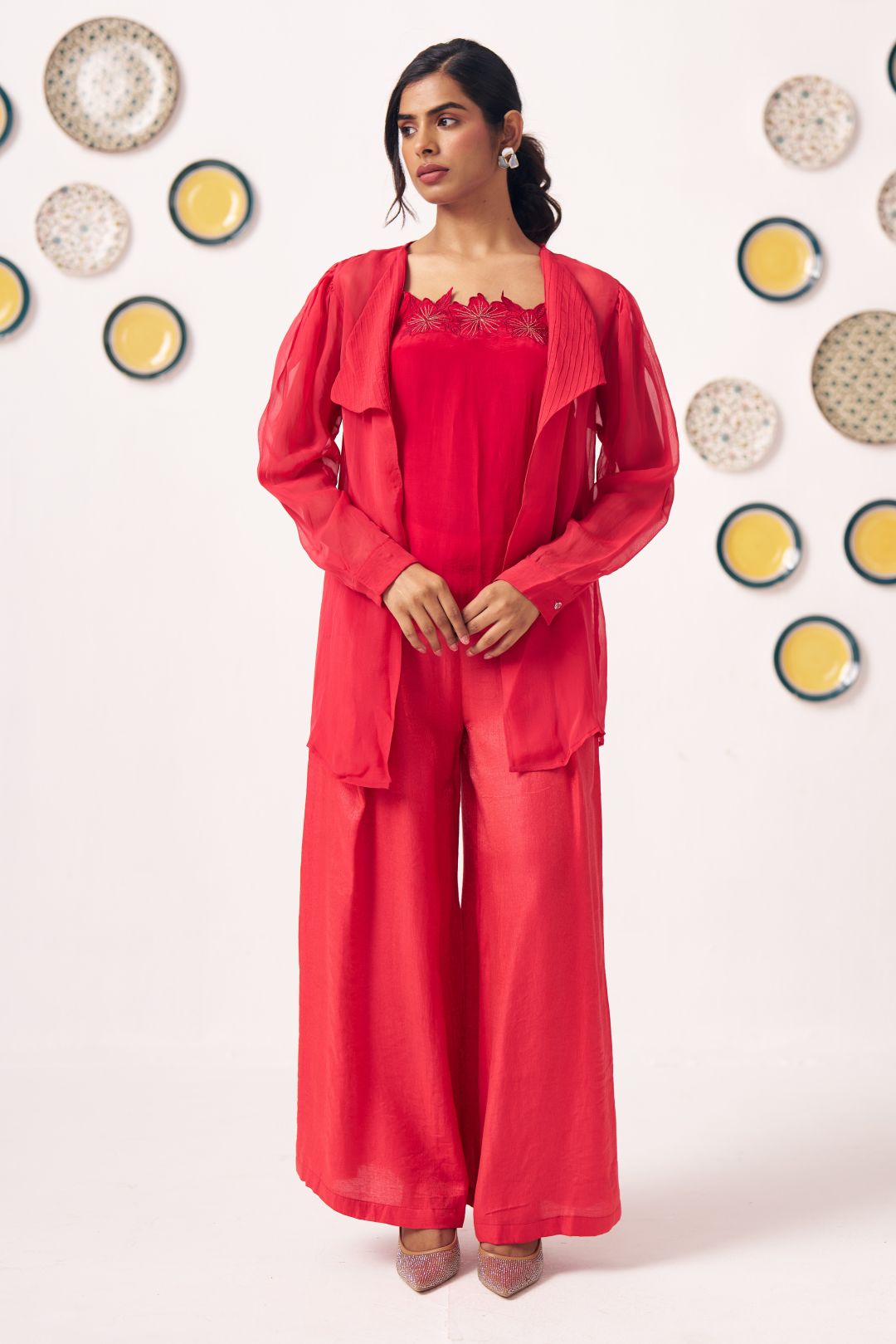 Senira Crimson Organza Layered Jacket with Embroidered Top - Western Era Tops for women