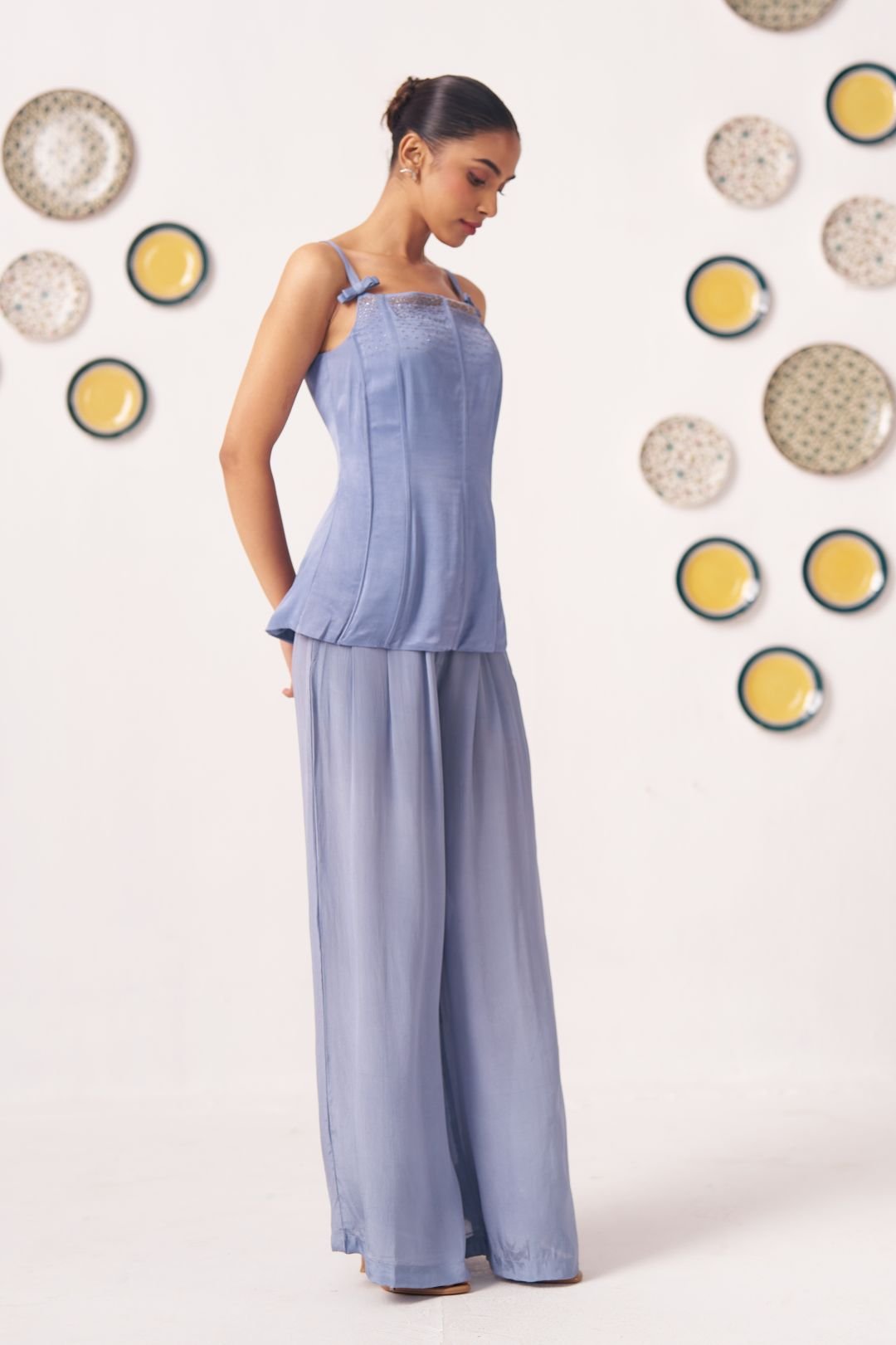 Serein Slate Blue Embellished Strappy Top & Wide - Leg Pants Co - Ord Set - Western Era Co - ord set for women