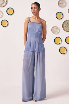 Serein Slate Blue Embellished Strappy Top & Wide-Leg Pants Co-Ord Set