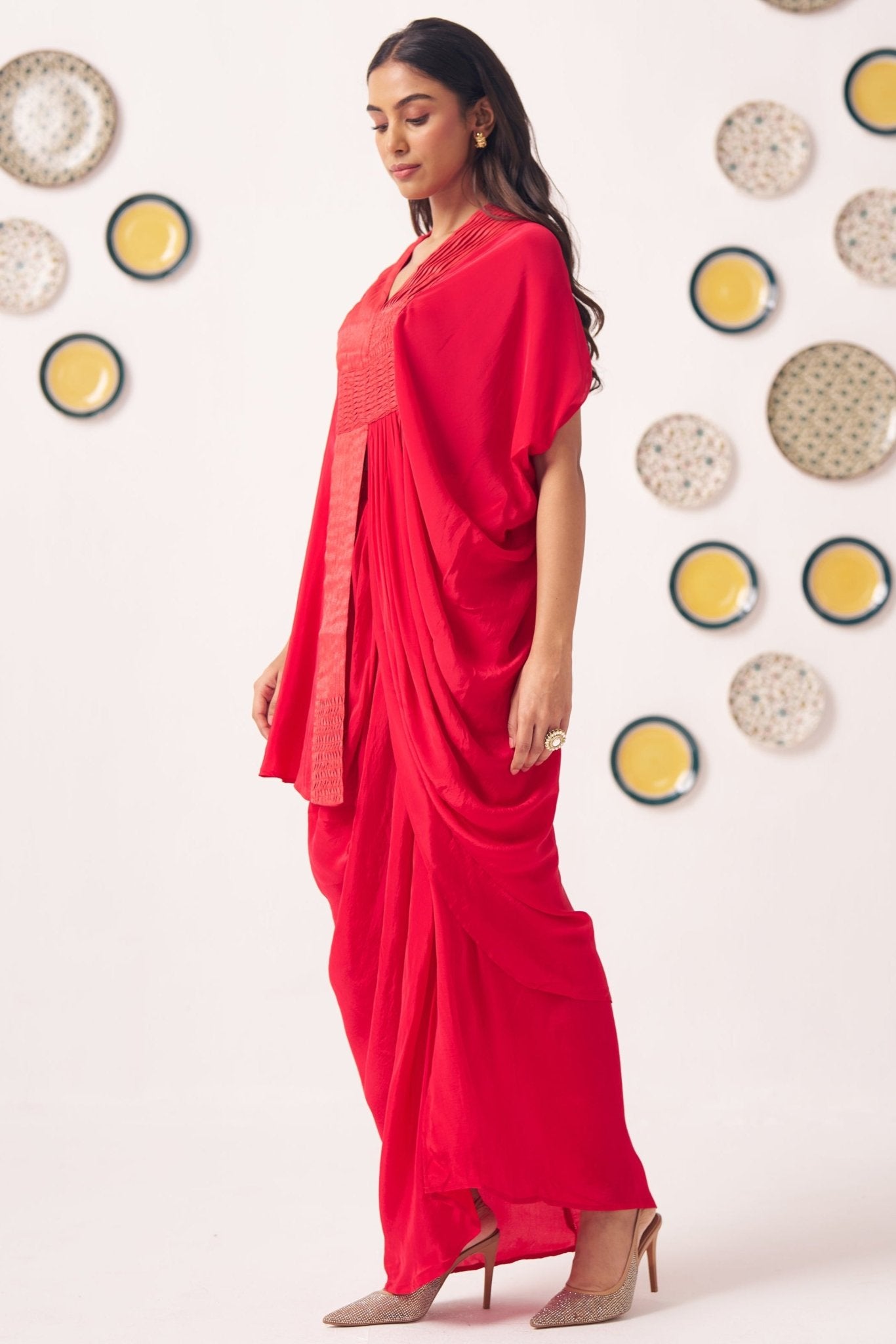 Shimmer Cross Pleated Red Kaftan - Western Era Tops for women
