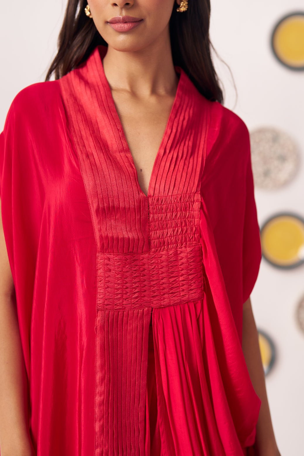 Shimmer Cross Pleated Red Kaftan - Western Era Tops for women