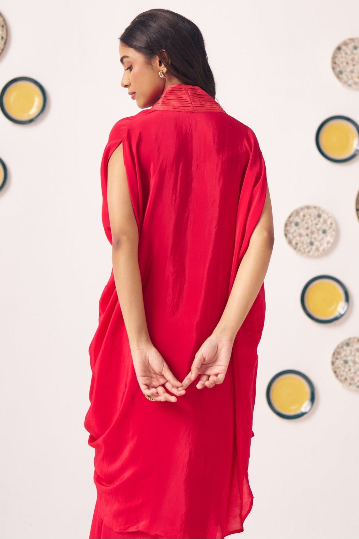 Shimmer Cross Pleated Red Kaftan - Western Era Tops for women